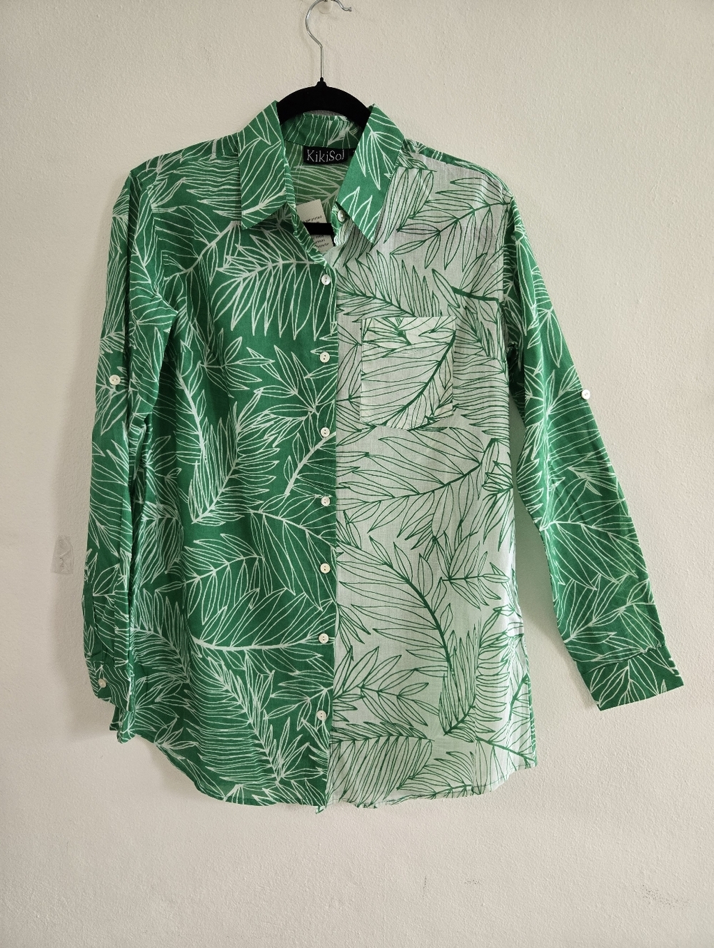 Kikisol Green Leaf Button Down Long Sleeve Tab Boyfriend Shirt S